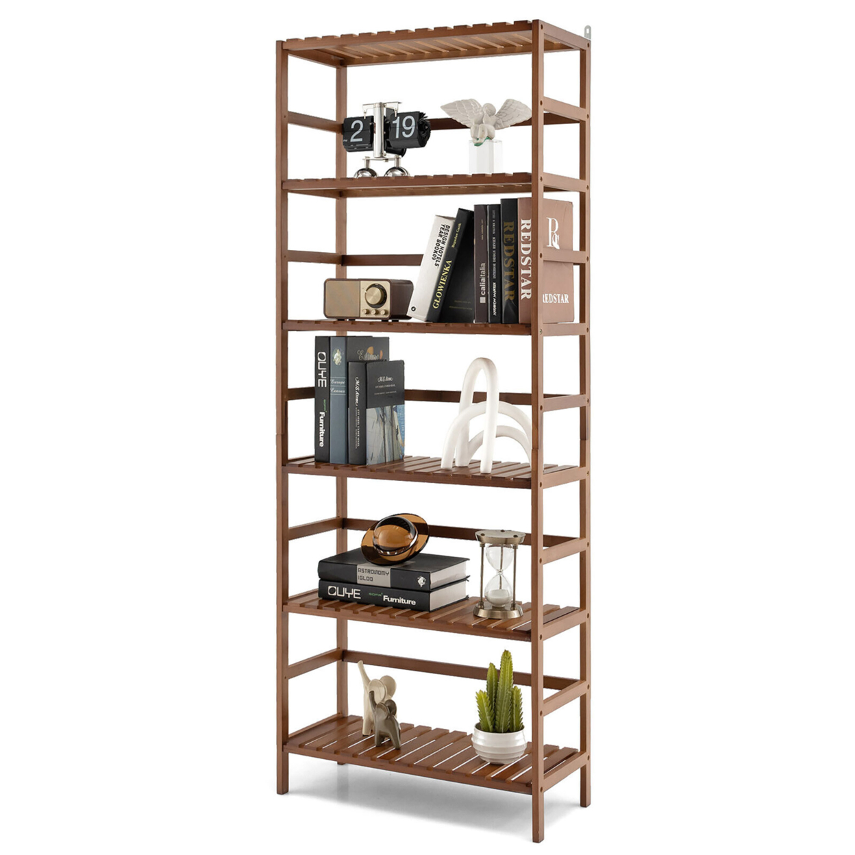 6 Tier Bamboo Bookcase 63'' Tall Storage Organizer W/ Adjustable Shelves Brown