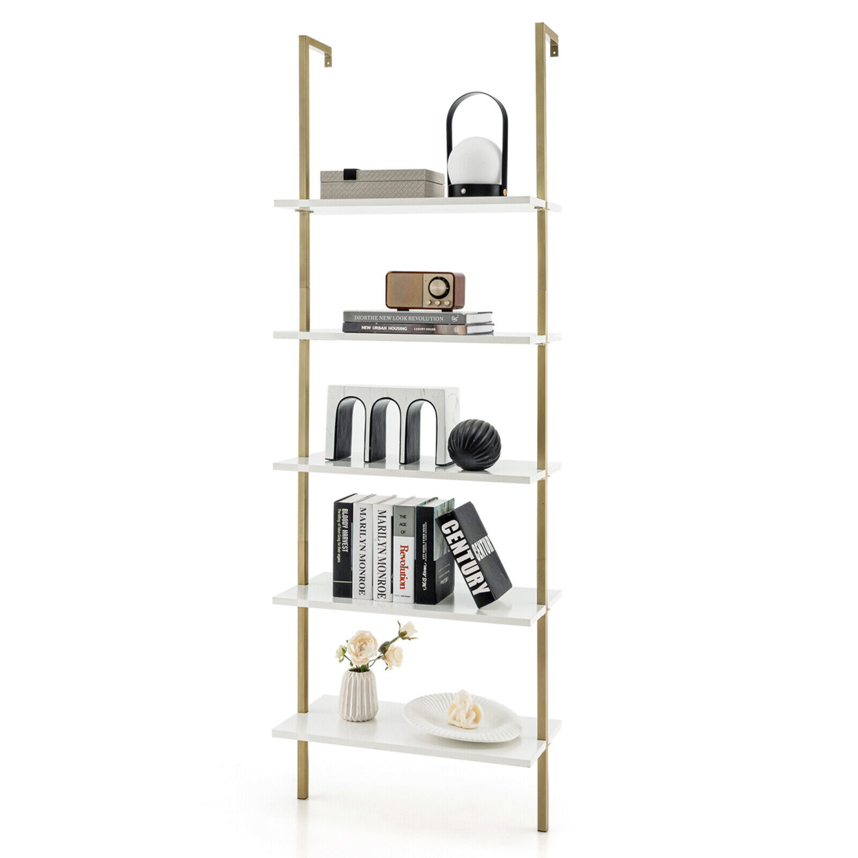 5 Tier Ladder Shelf 71'' Open Wall-Mounted Bookcase With Golden Steel Frame