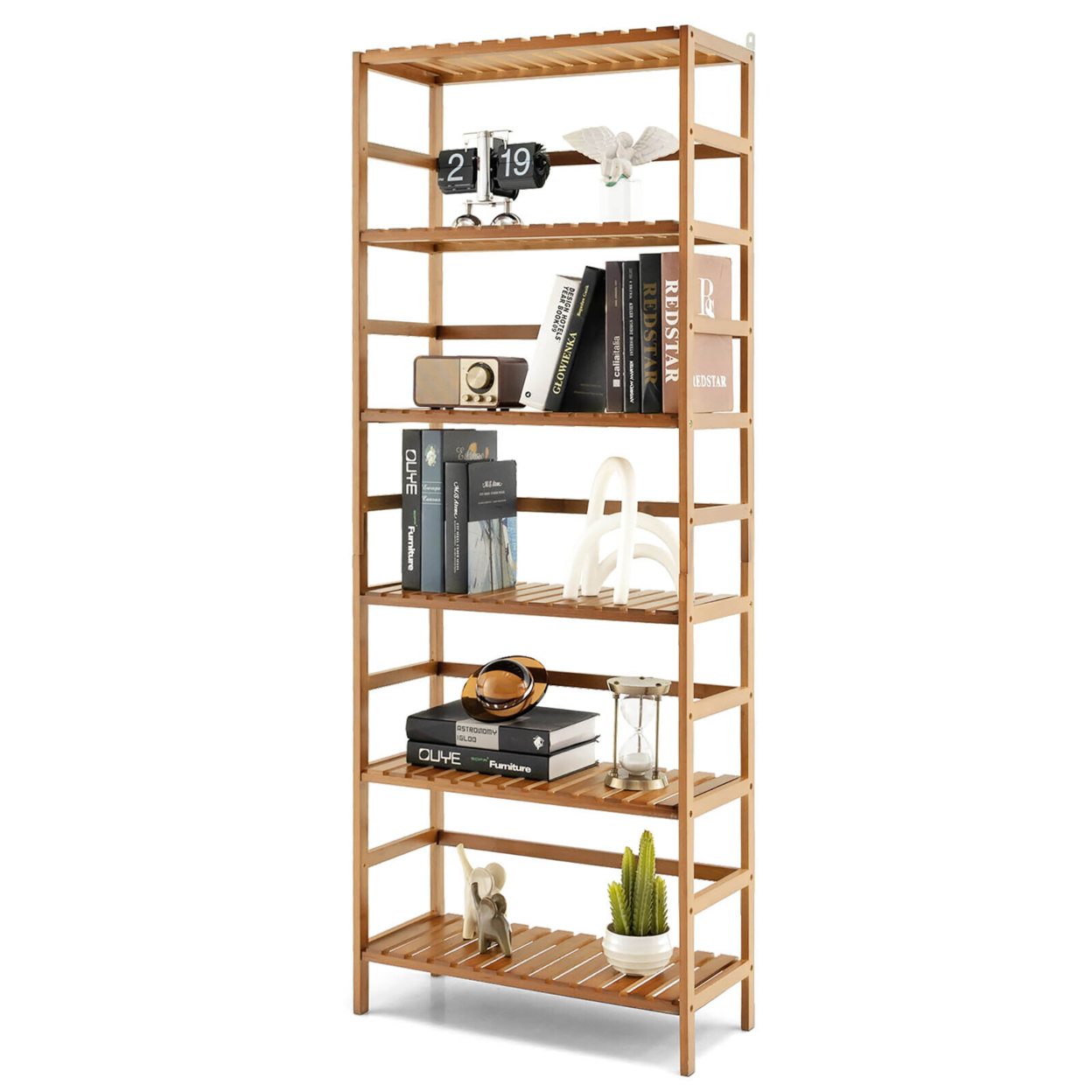 6 Tier Bamboo Bookcase 63'' Tall Storage Organizer W/ Adjustable Shelves Natural