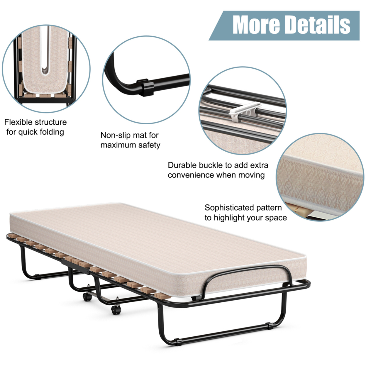 Folding Bed Rollaway Metal Guest Bed Sleeper Made In Italy W/ Memory Foam Mattress - Navy