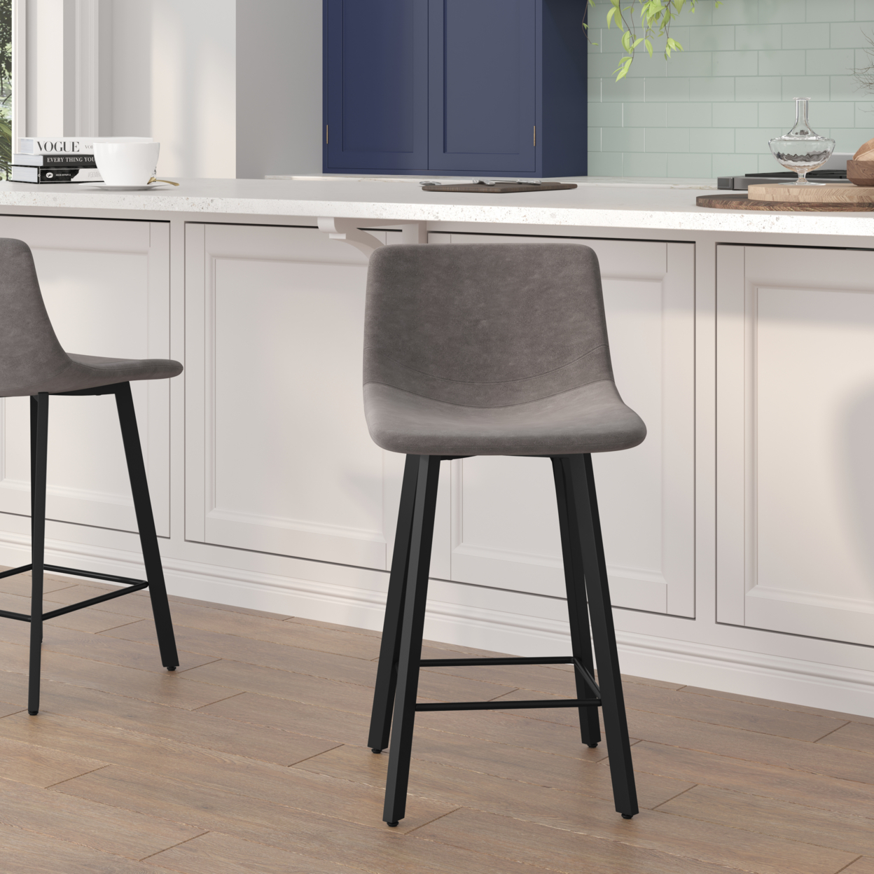 2 Piece 24 Inch Stool, Gray Leather, Metal Angled Legs