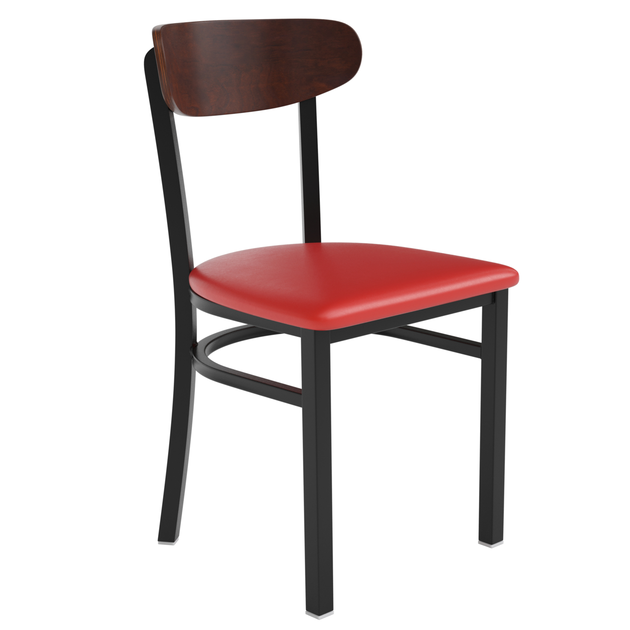 Modern Dining Chair, Red Vinyl Seat, Wood Boomerang Seat, Black Steel Frame
