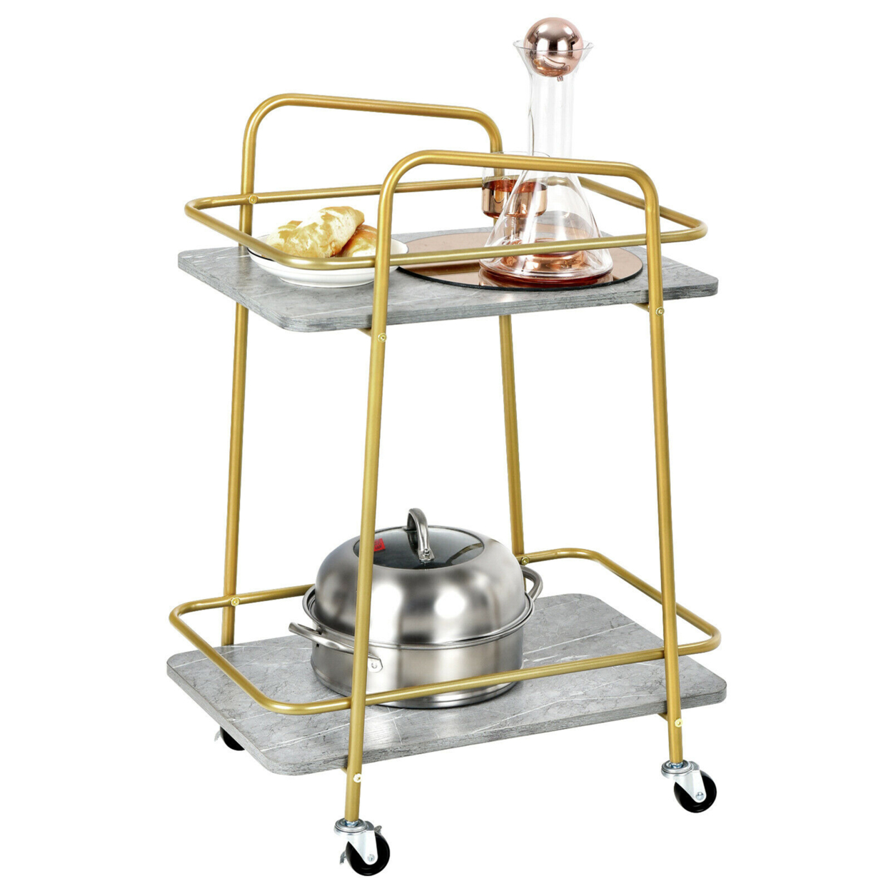 Gold Serving Cart Utility Trolley On Wheel Rolling Kitchen Rack W/Handle