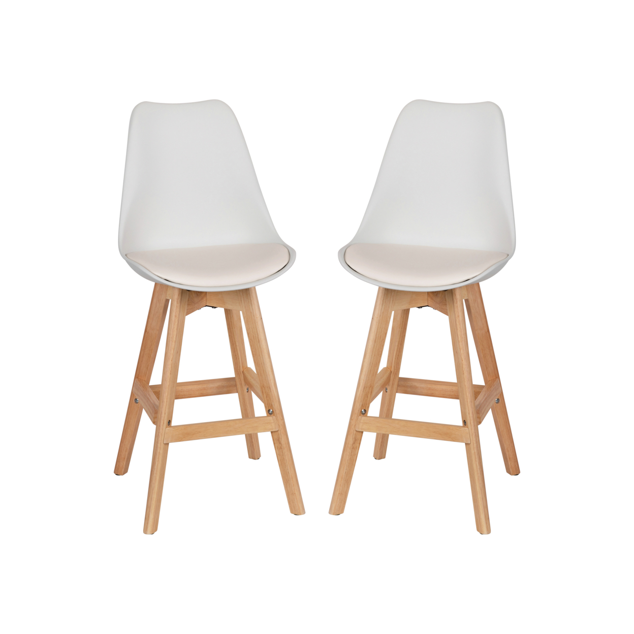 2 Piece 27 Inch Stools, White Leather, Curved Seat And Back