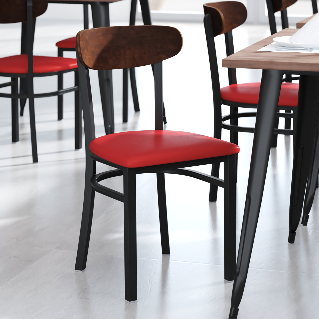 Modern Dining Chair, Red Vinyl Seat, Wood Boomerang Seat, Black Steel Frame