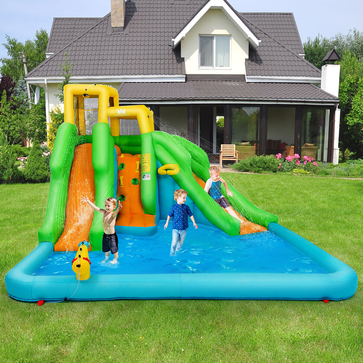 Inflatable Water Park Bounce House Two-Slide Bouncer W/ Climbing Wall & 550W Blower