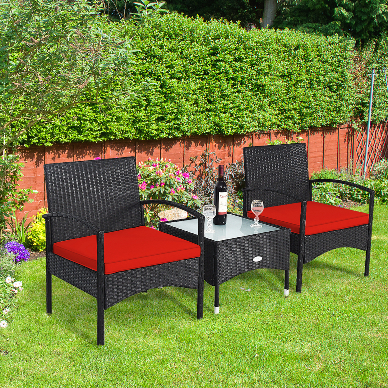 3 PCS Patio Wicker Rattan Furniture Set Coffee Table & 2 Rattan Chair W/ Cushion Red