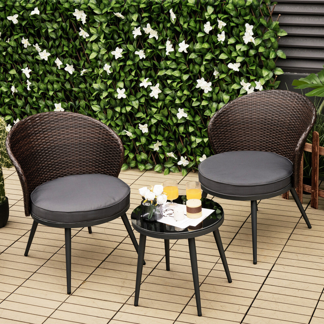 3PCS Rattan Patio Bistro Set Outdoor Conversation Furniture Set W/ Seat Cushions