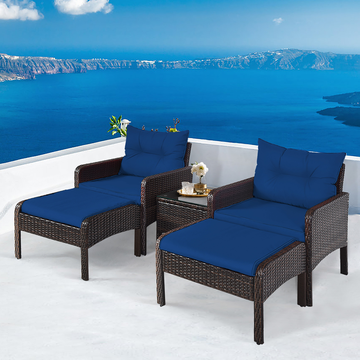 5PCS Patio Set Sectional Rattan Wicker Furniture Set W/ Navy Cushion