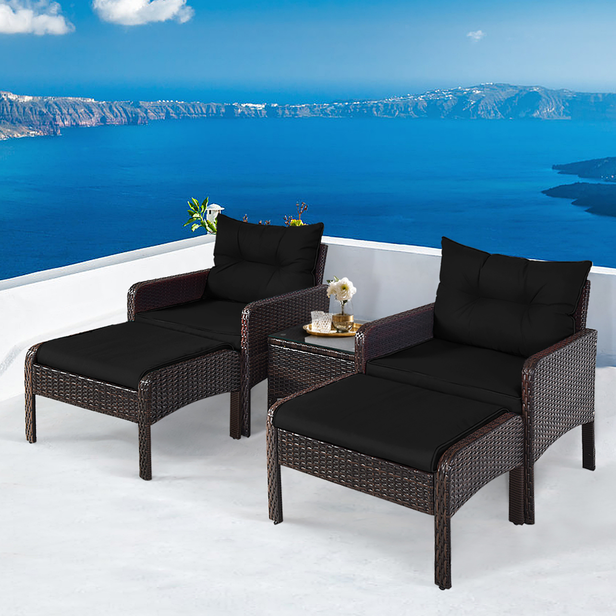 5PCS Patio Set Sectional Rattan Wicker Furniture Set W/ Black Cushion