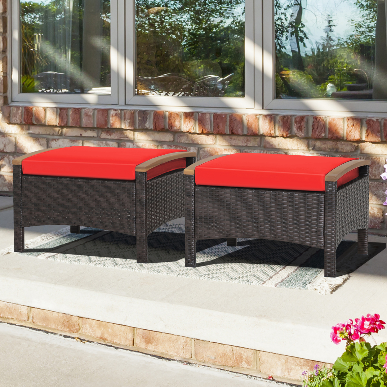 2PCS Patio Ottomans Wooden Handles Rattan Knitting Foot Pedal Red