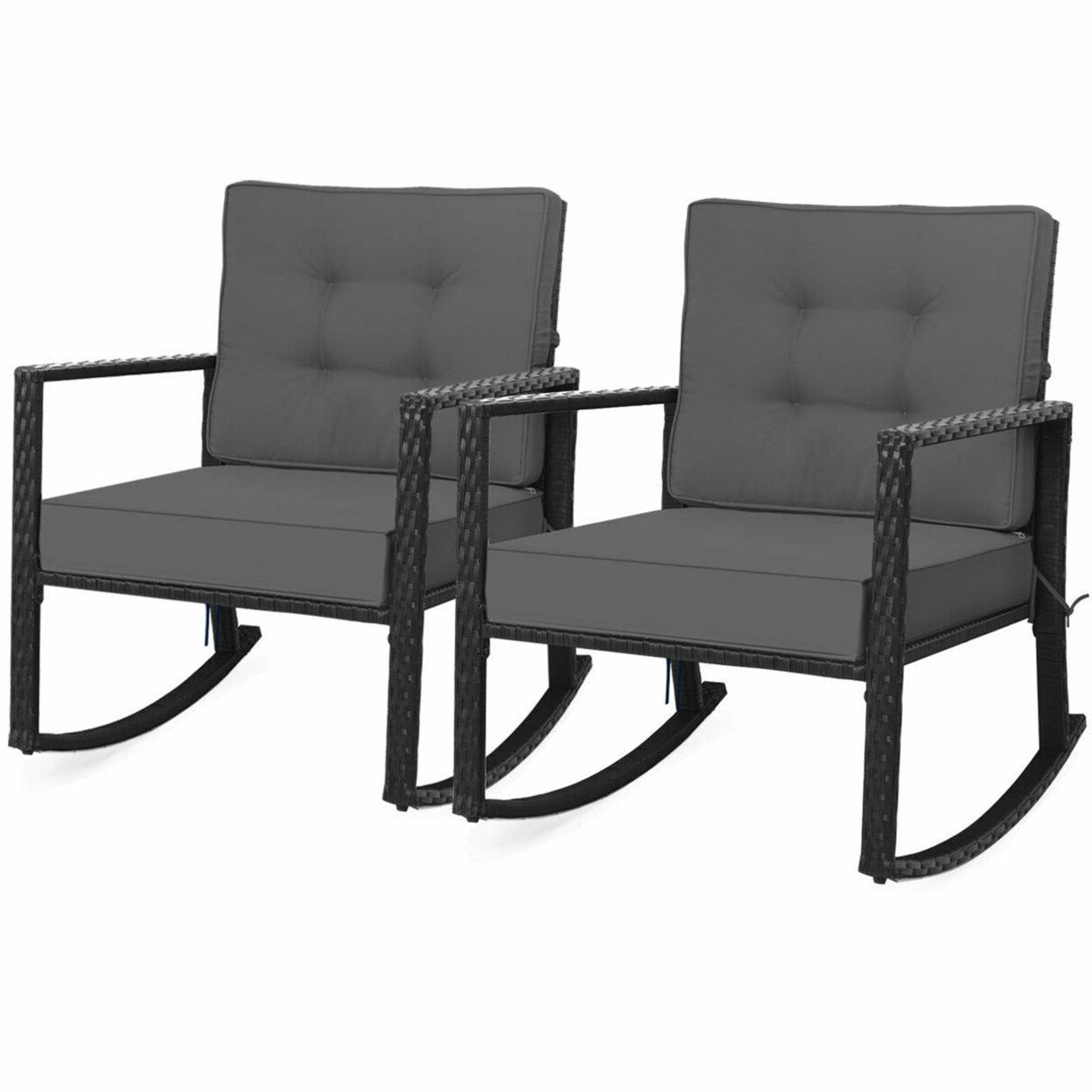 2PCS Outdoor Wicker Rocking Chair Patio Rattan Single Chair Glider W/ Grey Cushion