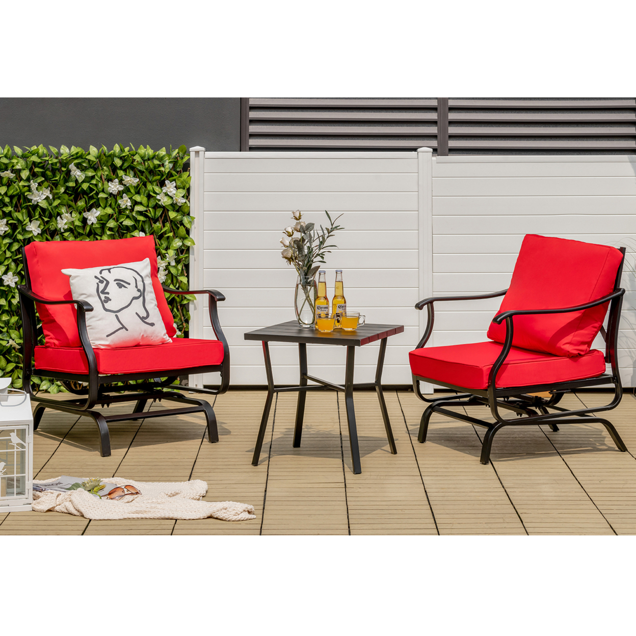 3PCS Outdoor Rocking Chair Set Patio Conversation Bistro Set W/ Red Cushions