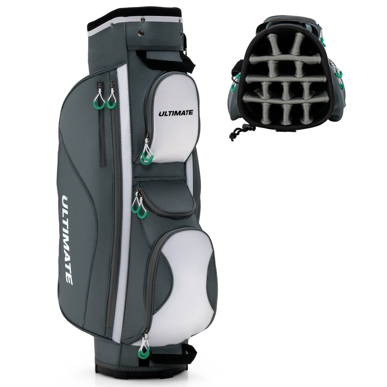 14 Dividers Golf Cart Bag W/ 7 Zippered Pocket Cooler Bag Rain Hood Valuable Bag