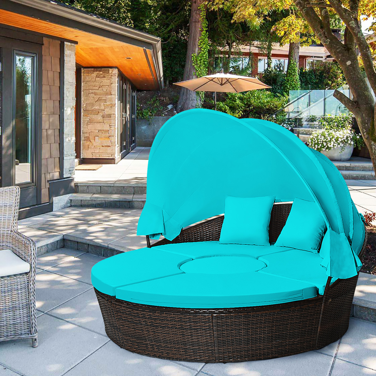 Cushioned Patio Rattan Round Daybed W/ Adjustable Table 3 Pillows Turquoise