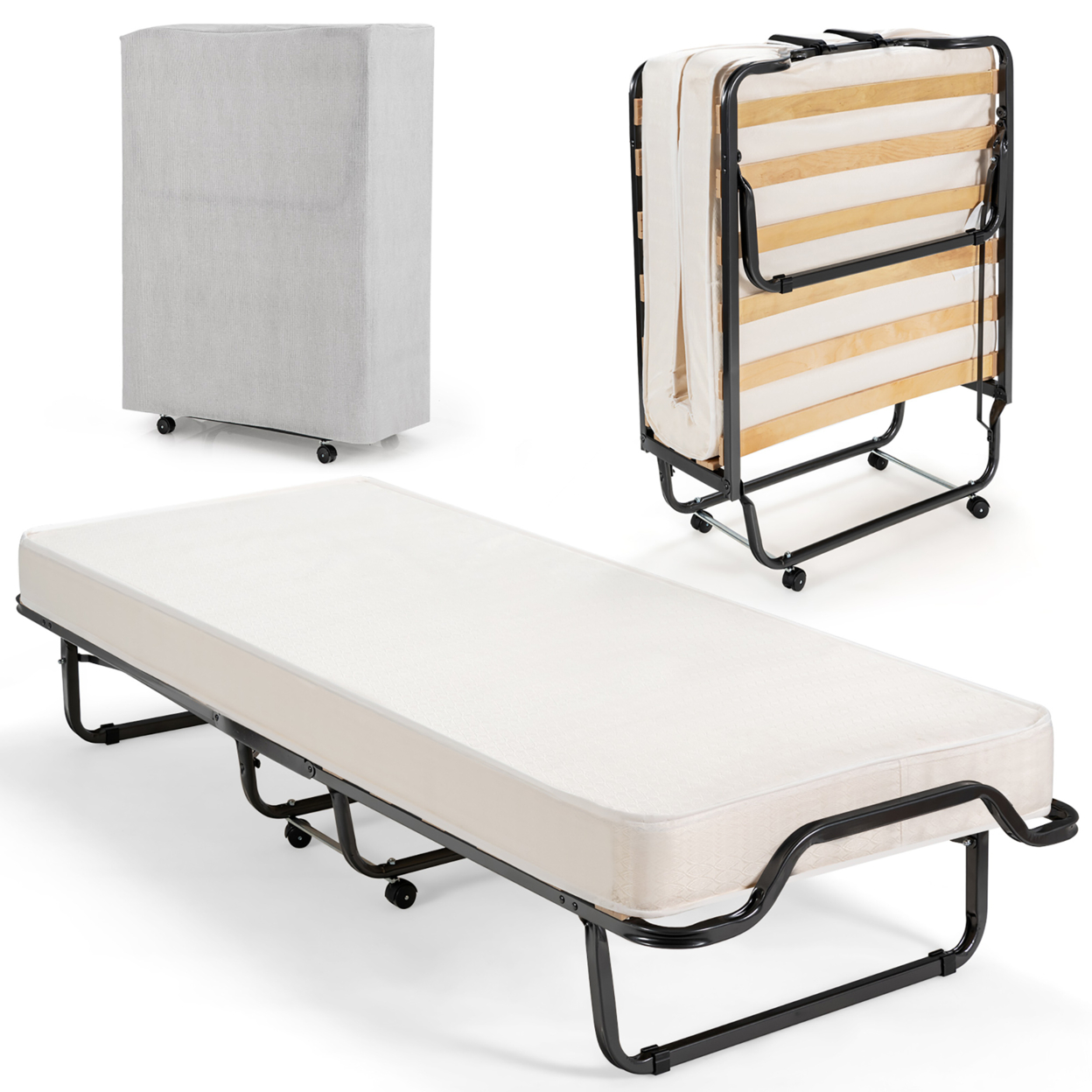 Portable Rollaway Guest Bed Folding Bed W/ Mattress Memory Foam & Dustproof Cover