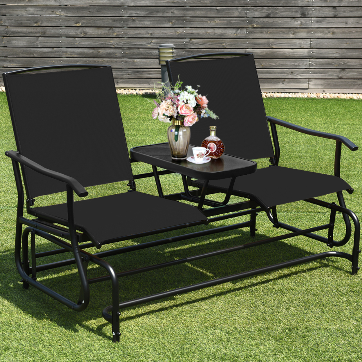 Patio 2-Person Glider Rocking Chair Loveseat Garden W/ Tempered Glass Table Black
