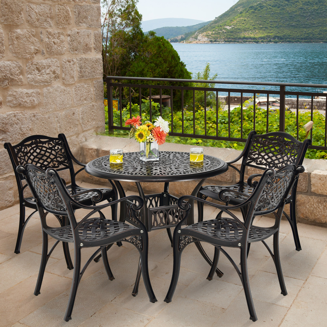 5PCS Cast Aluminum Patio Bistro Set Outdoor Dining Table & Chair Furniture Set
