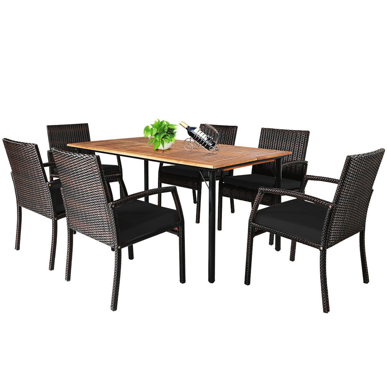 7PCS Patio Dining Furniture Set Yard W/ Wooden Tabletop Black Cushions