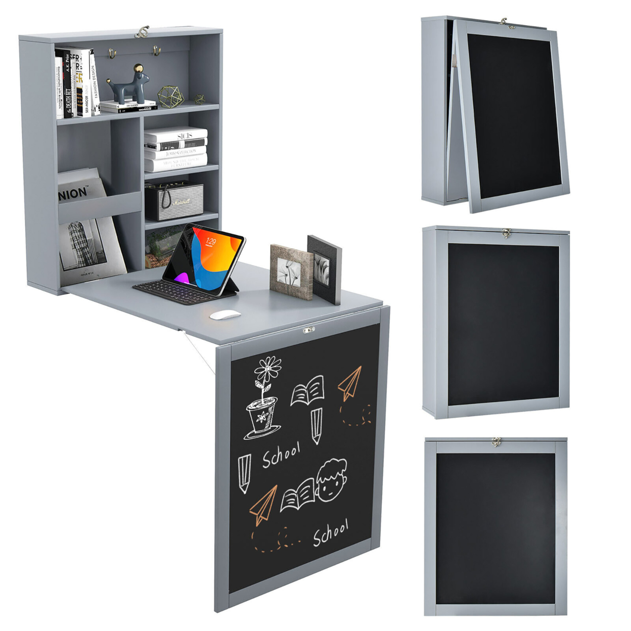 Wall Mounted Table Fold Out Convertible Desk With A Blackboard/Chalkboard Grey