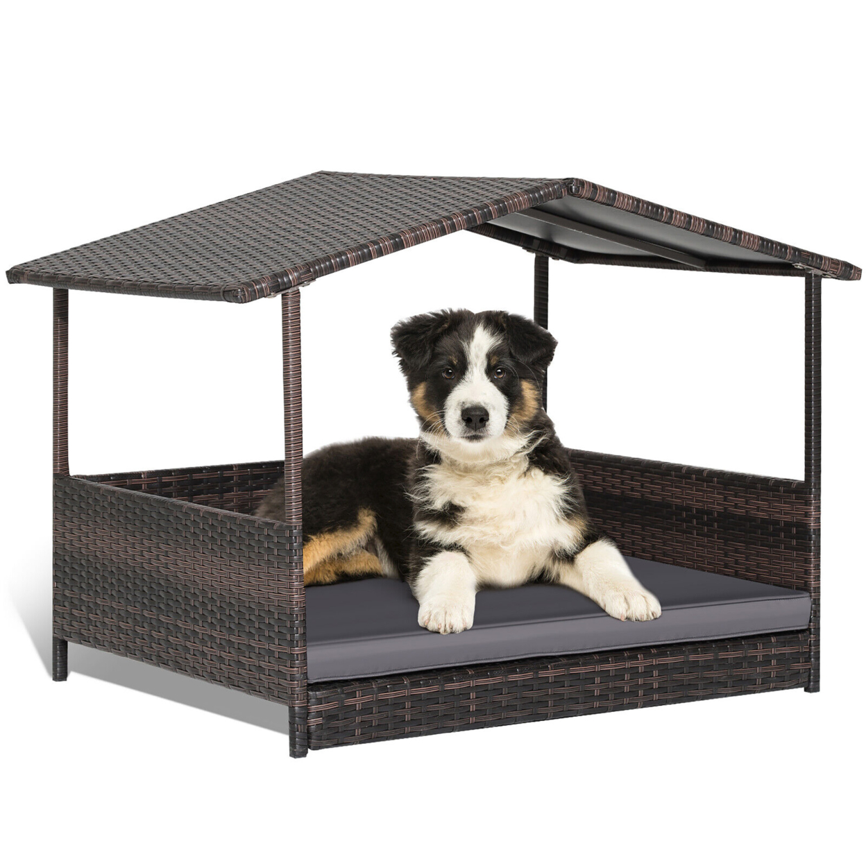 Wicker Dog House W/ Cushion Lounge Raised Rattan Bed For Indoor/Outdoor Grey
