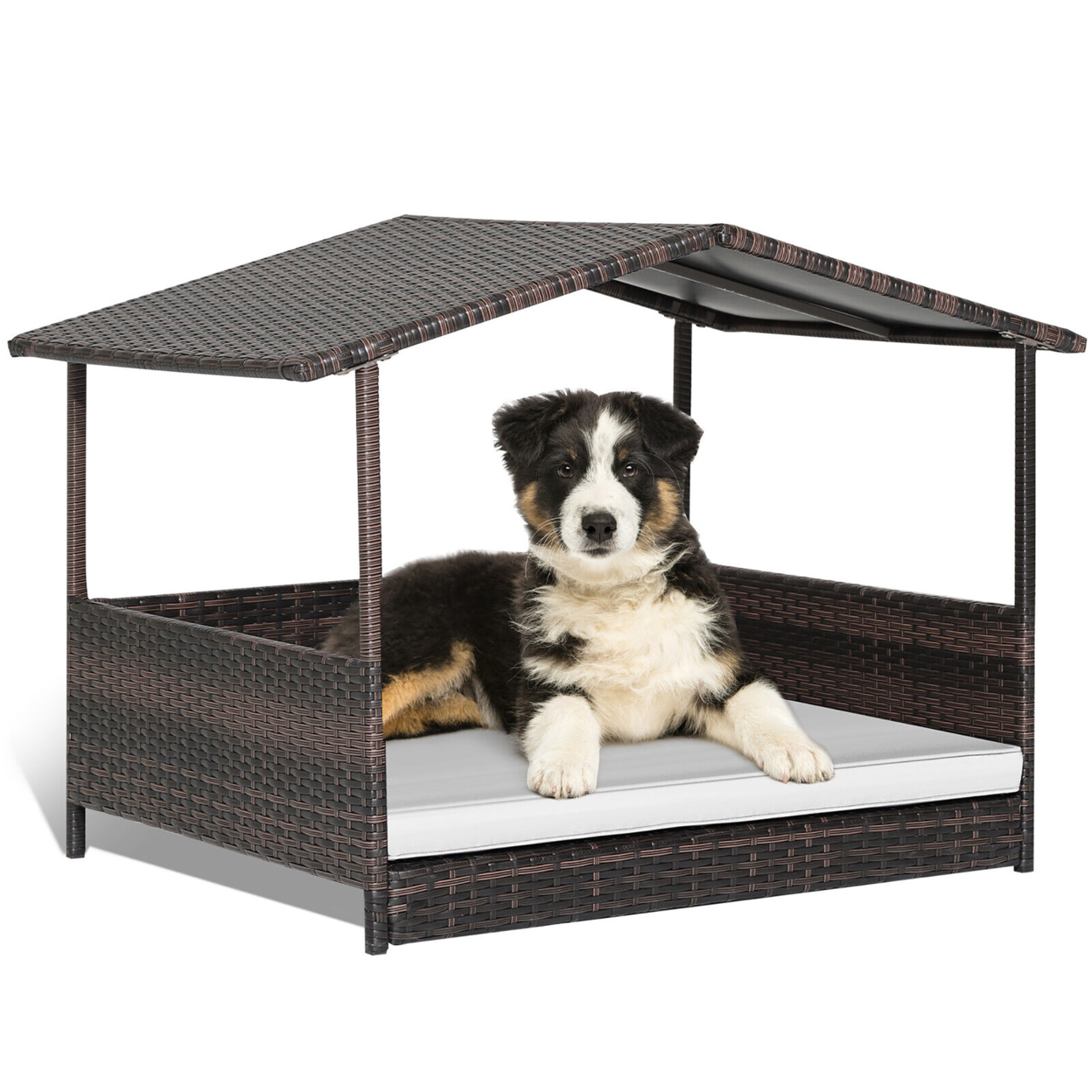 Wicker Dog House W/ Cushion Lounge Raised Rattan Bed For Indoor/Outdoor