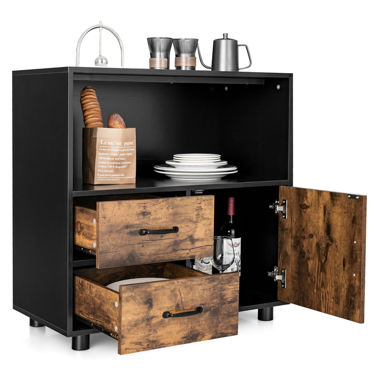 2-Door Kitchen Storage Bar Cabinet Buffet Sideboard W/ Wine Rack & Glass Holder