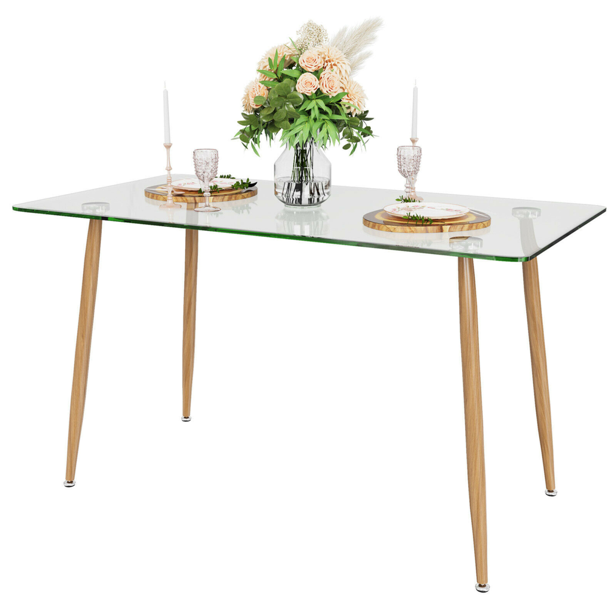 Modern Glass Dining Table Rectangular Dining Room Table W/Metal Legs For Kitchen