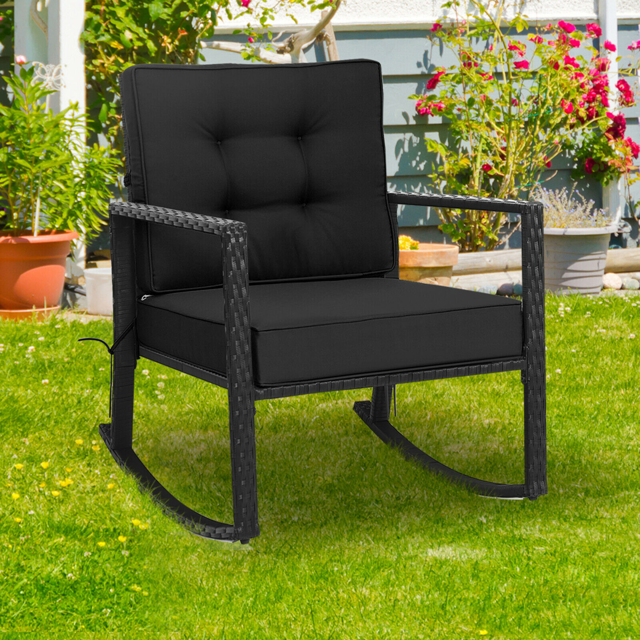 Outdoor Wicker Rocking Chair Patio Lawn Rattan Single Chair Glider W/ Black Cushion