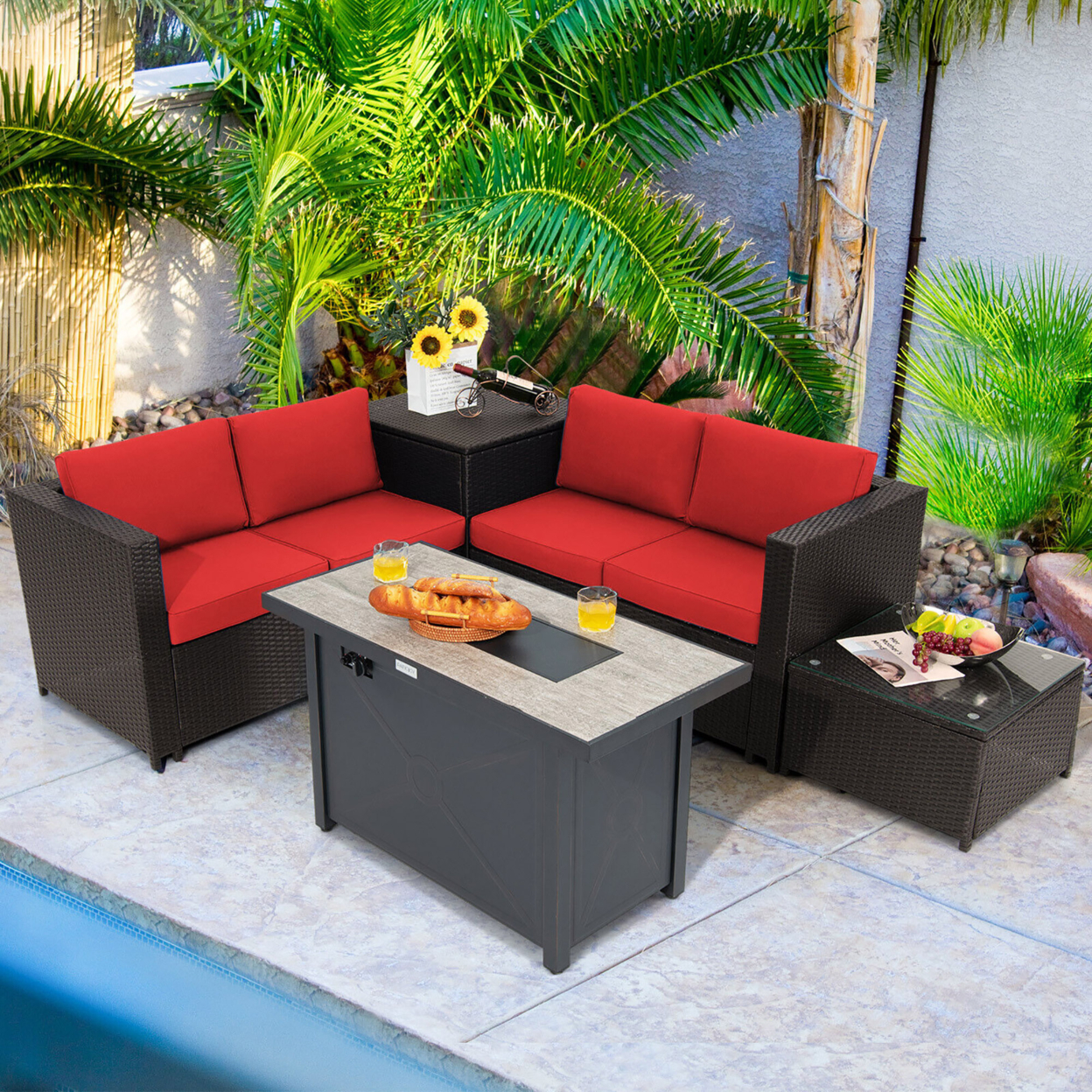 5PCS Patio Rattan Furniture Set Fire Pit Table W/ Cover Storage Cushion - Red