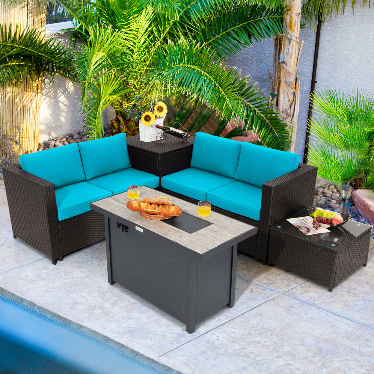 5PCS Patio Rattan Furniture Set Fire Pit Table W/ Cover Storage Cushion - Turquoise