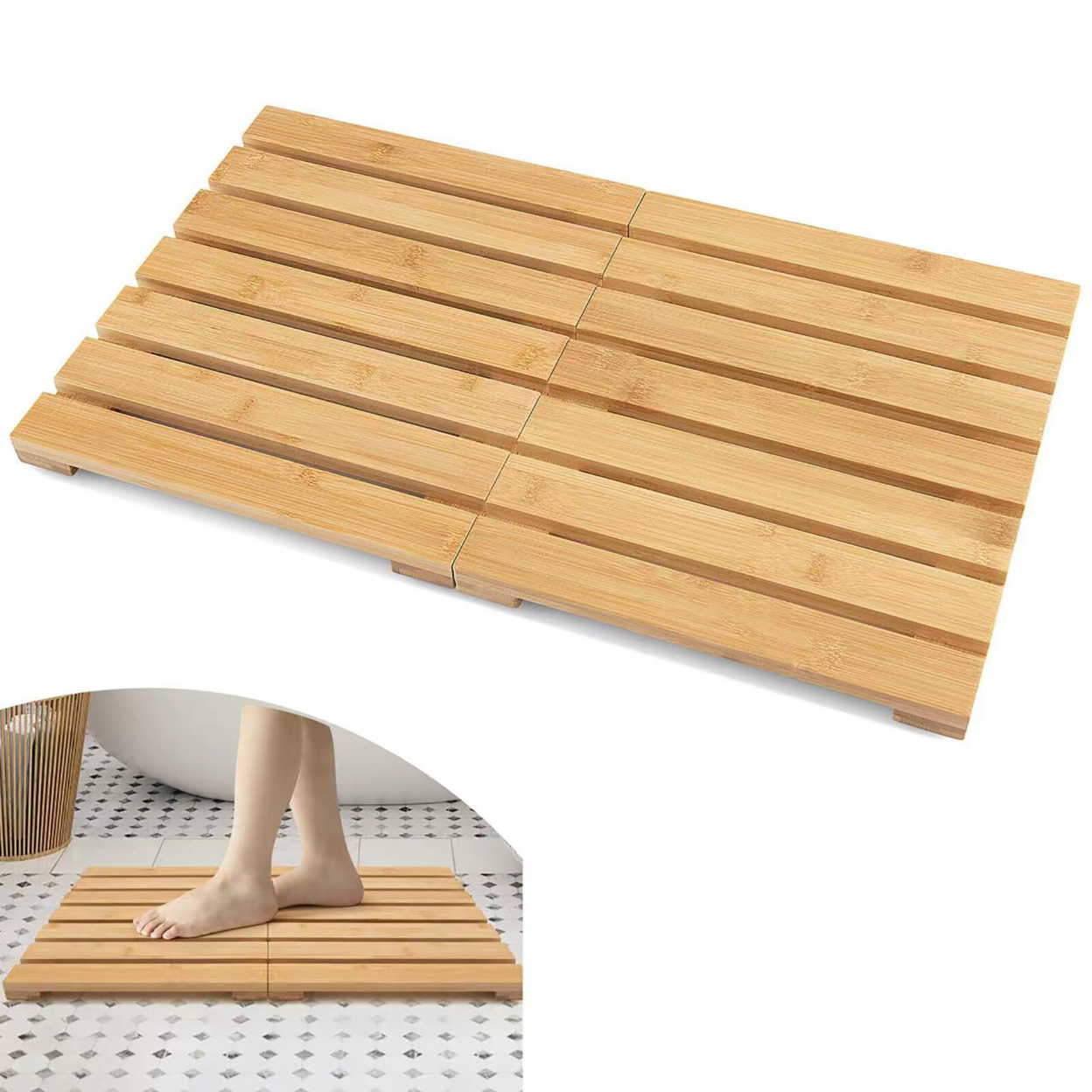 Bamboo Bath Mat Foldable Shower Mat W/ Non-slip Pads & Slatted Design