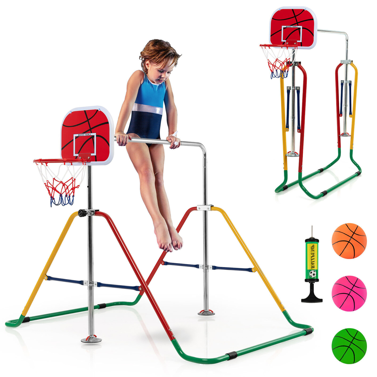 Kids Folding Horizontal Bar Adjustable Training Gymnastics Bar W/ Basketball Hoop - Multi-color