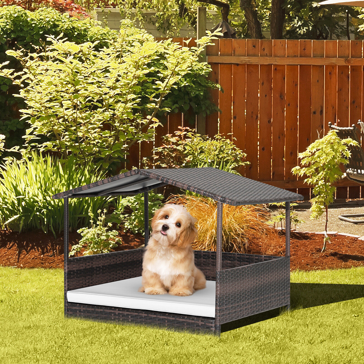 Wicker Dog House W/ Cushion Lounge Raised Rattan Bed For Indoor/Outdoor