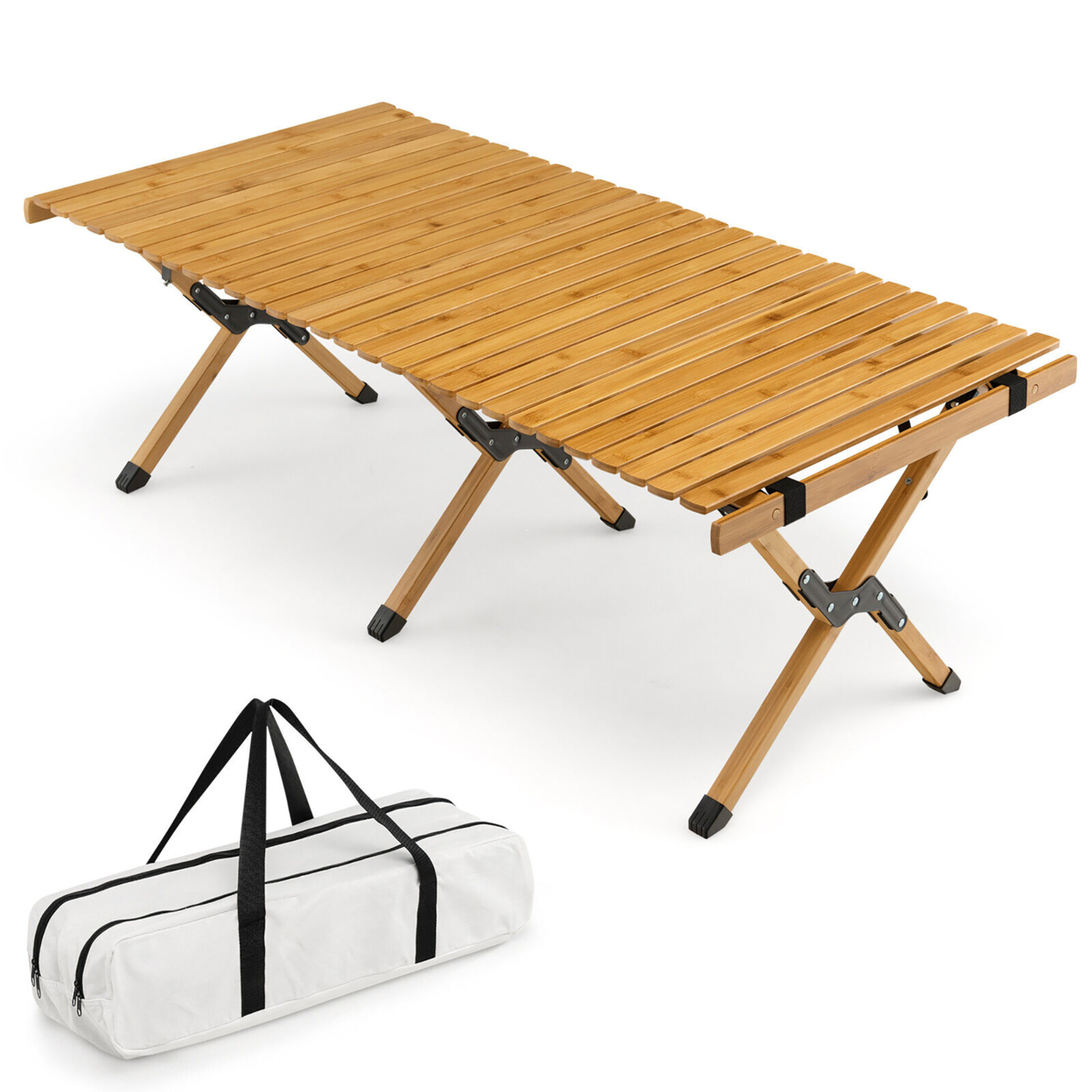 Portable Folding Bamboo Camping Table W/ Carry Bag Outdoor & Indoor - Natural