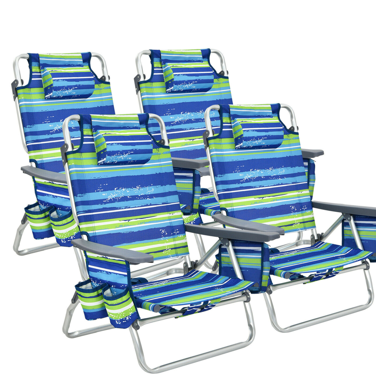 4PCS Folding Backpack Beach Chair Reclining Camping Chair W/ Storage Bag - Blue
