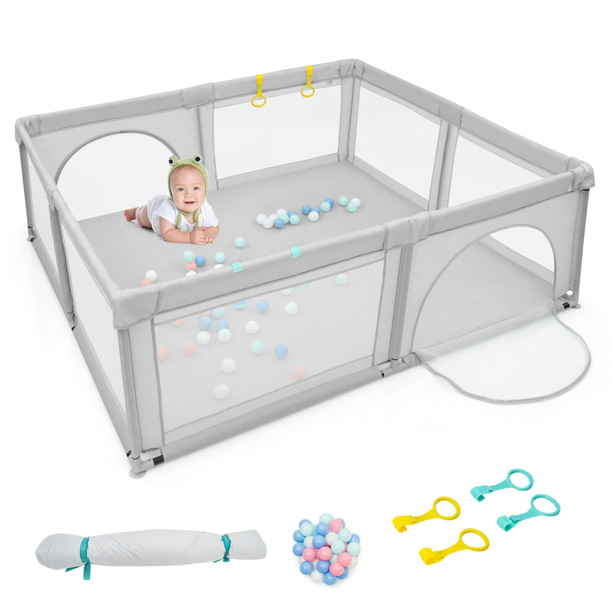 Extra Large Baby Playpen Safety Baby Play Yard W/ 50 Ocean Balls & 4 Handles - Multi-color