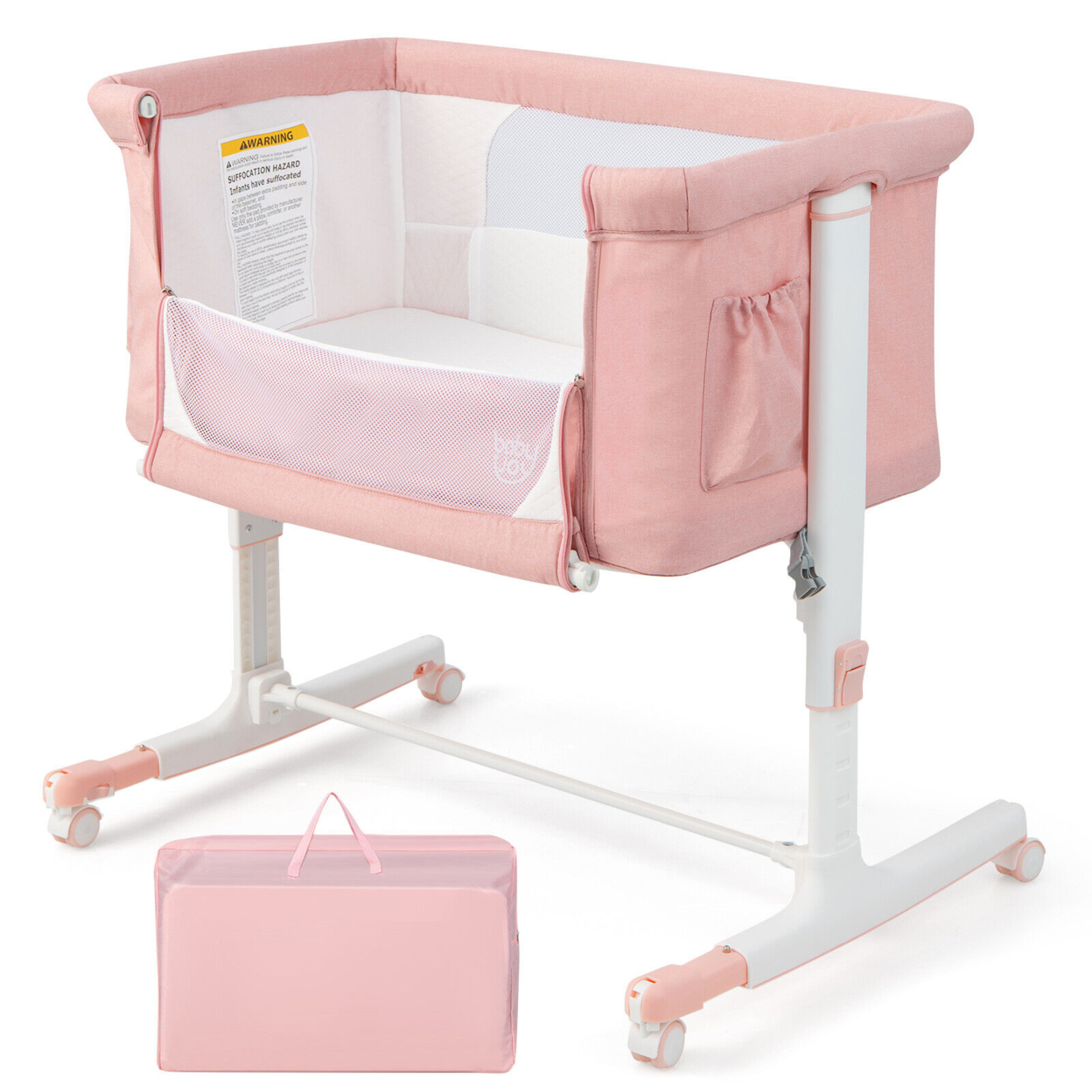 3-in-1 Baby Bassinet Beside Sleeper Crib With 5-Level Adjustable Heights - Pink