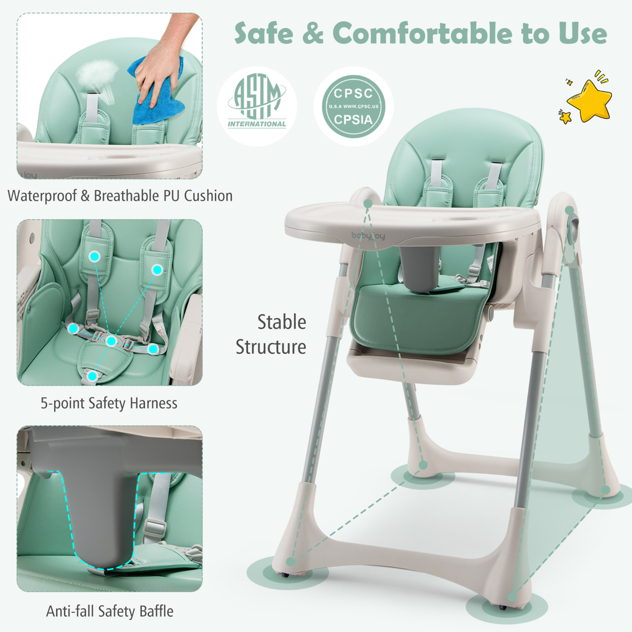Baby High Chair Folding Baby Dining Chair W/ Adjustable Height & Footrest - Green