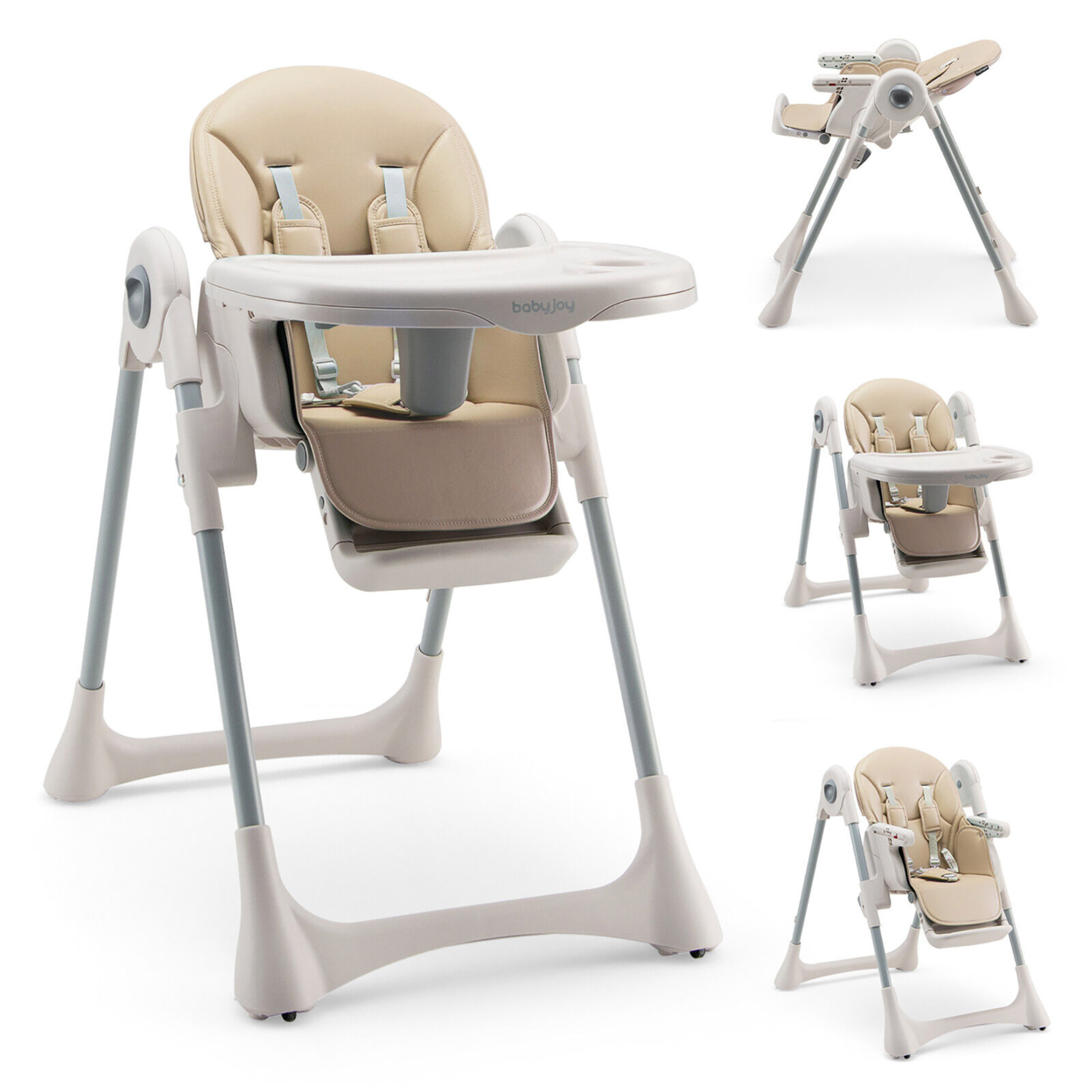 Baby High Chair Folding Baby Dining Chair W/ Adjustable Height & Footrest - Beige
