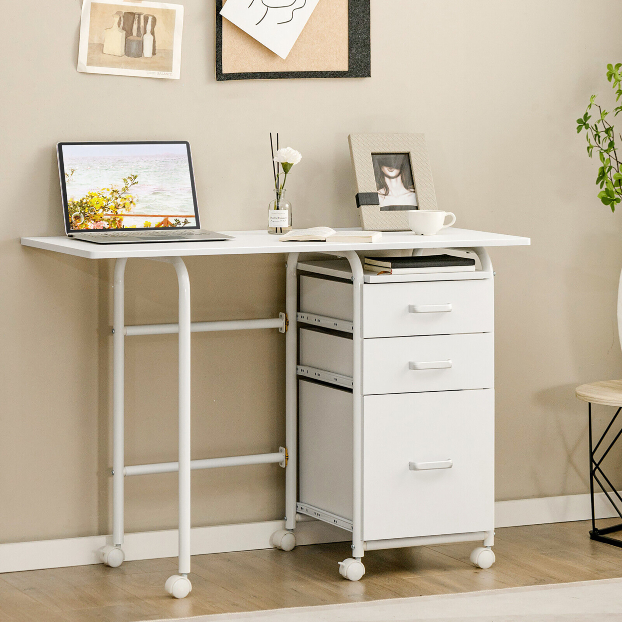 Folding Computer Laptop Desk Wheeled Home Office Furniture W/3 Drawers White