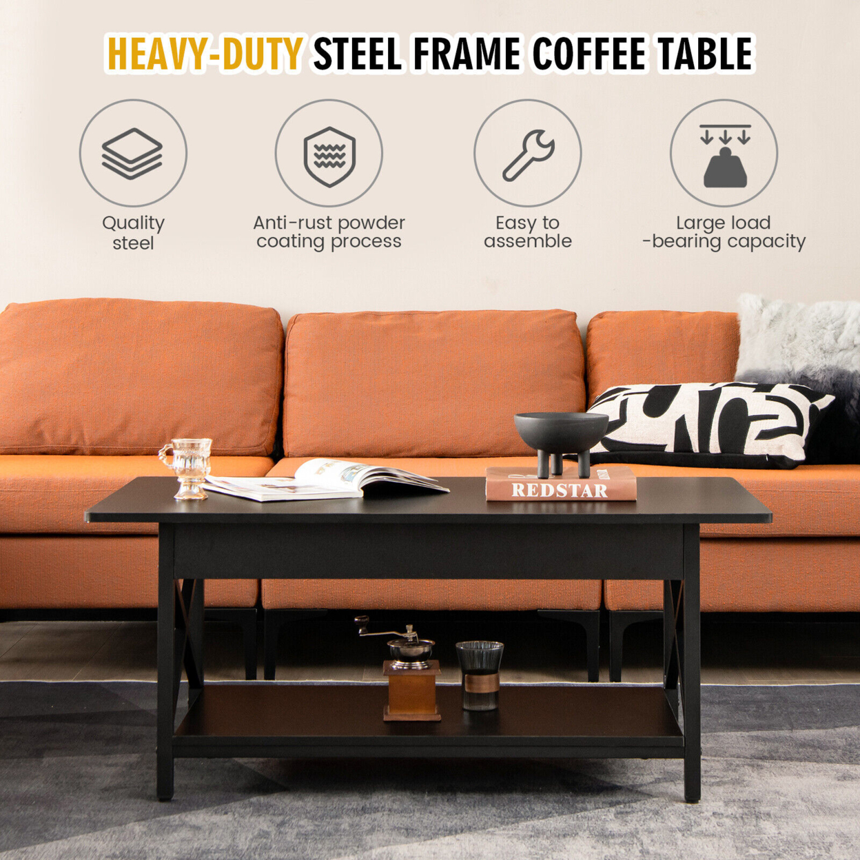 Coffee Table Industrial 2-Tier W/ Storage Shelf &Storage Shelf For Living Room - Rustic Brown