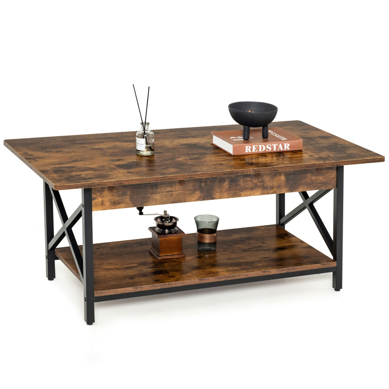 Coffee Table Industrial 2-Tier W/ Storage Shelf &Storage Shelf For Living Room - Rustic Brown