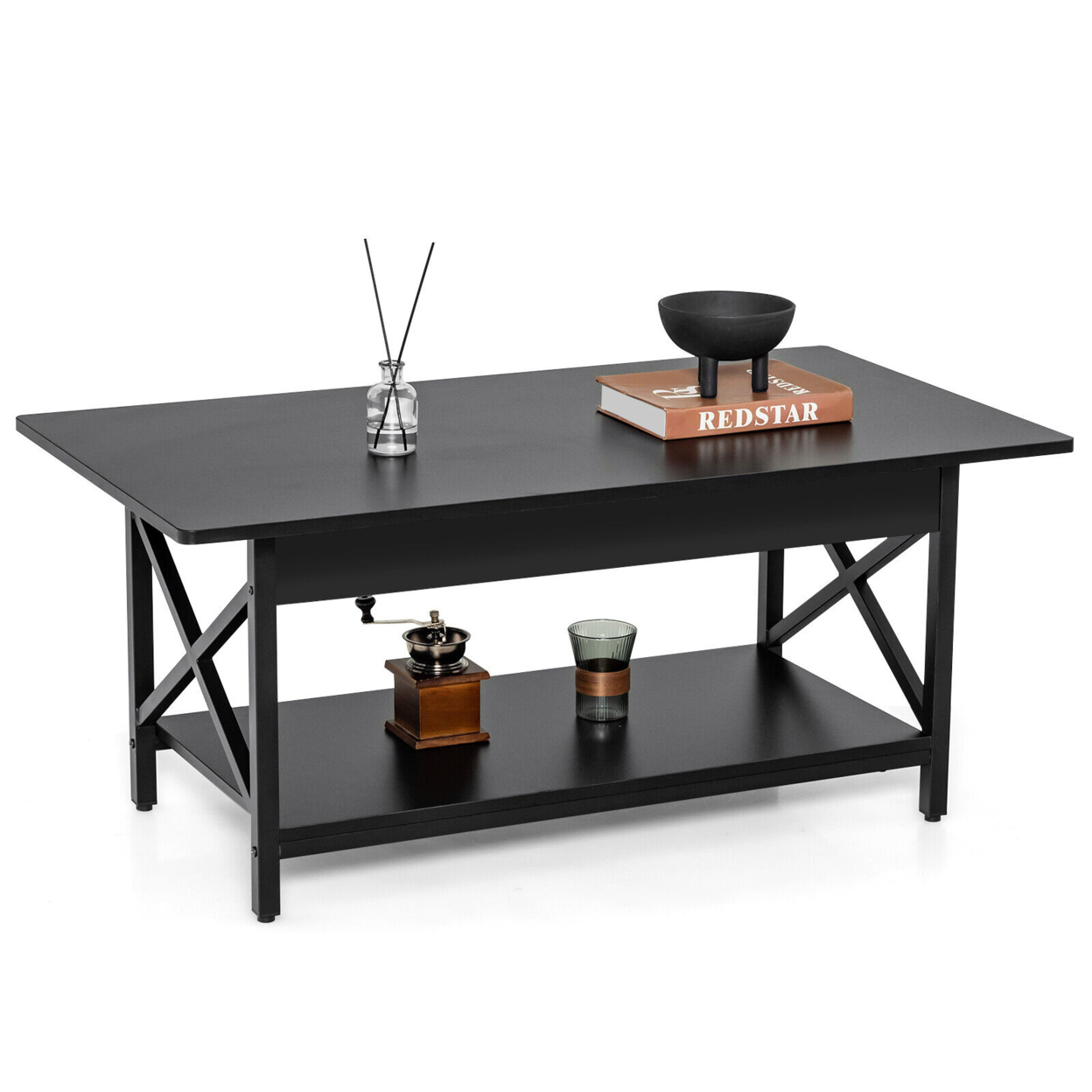 Coffee Table Industrial 2-Tier W/ Storage Shelf &Storage Shelf For Living Room - Black