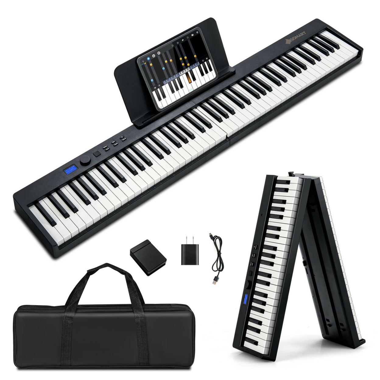 88-Key Folding Electric Piano Keyboard Semi Weighted Full Size MIDI - Black