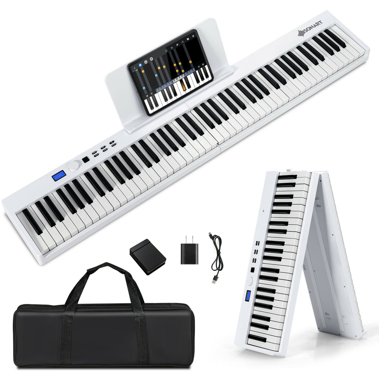 88-Key Folding Electric Piano Keyboard Semi Weighted Full Size MIDI - White