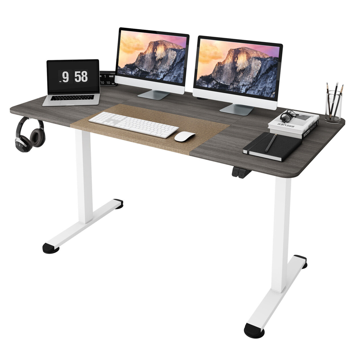 55'' Electric Standing Desk Height Adjustable Home Office Table W/ Hook - Grey