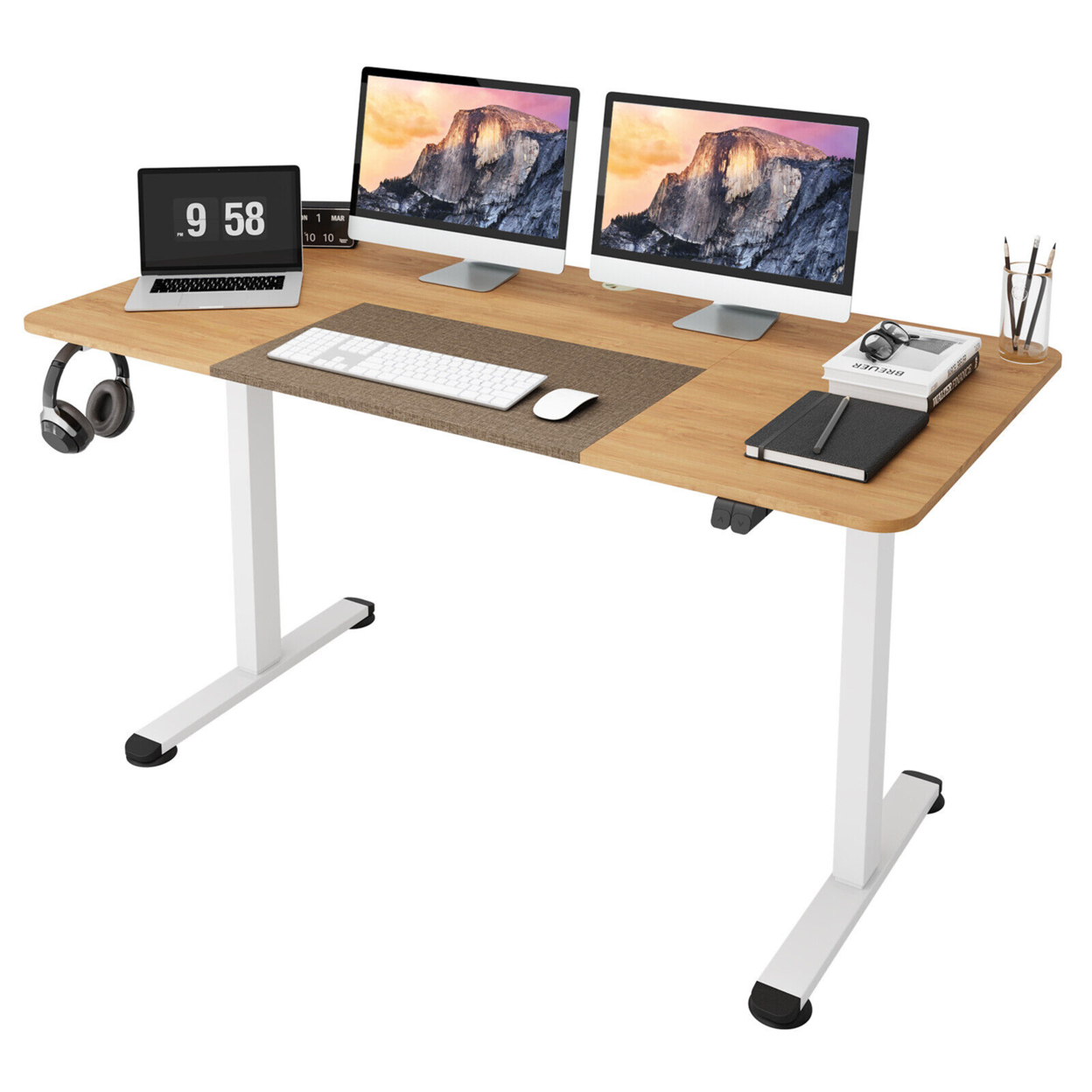 55'' Electric Standing Desk Height Adjustable Home Office Table W/ Hook - Natural