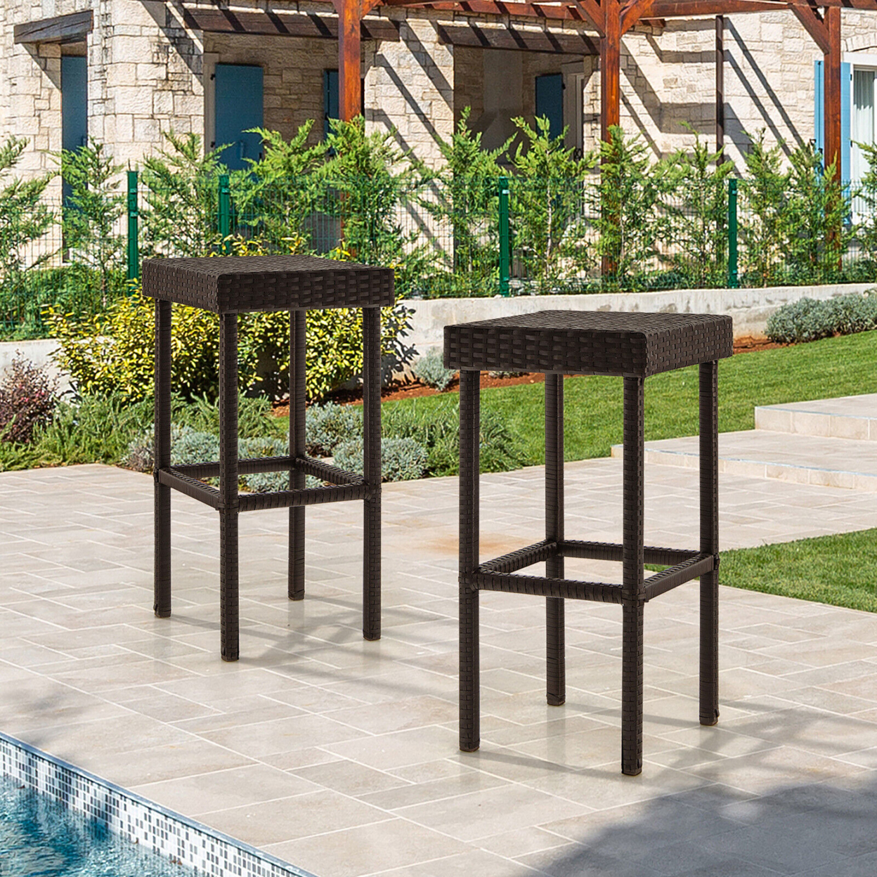 Patio 2 PCS Rattan Wicker Bar Stool Chairs Counter Height Barstools
