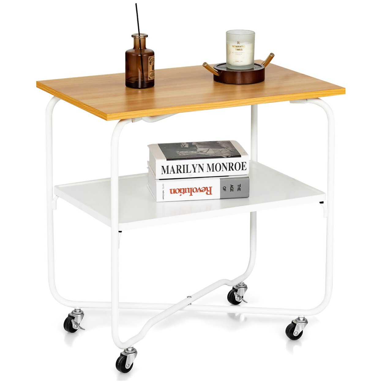 2-Tier Folding Rolling Cart Kitchen Utility Cart Tool-Free Installing - White + Natural